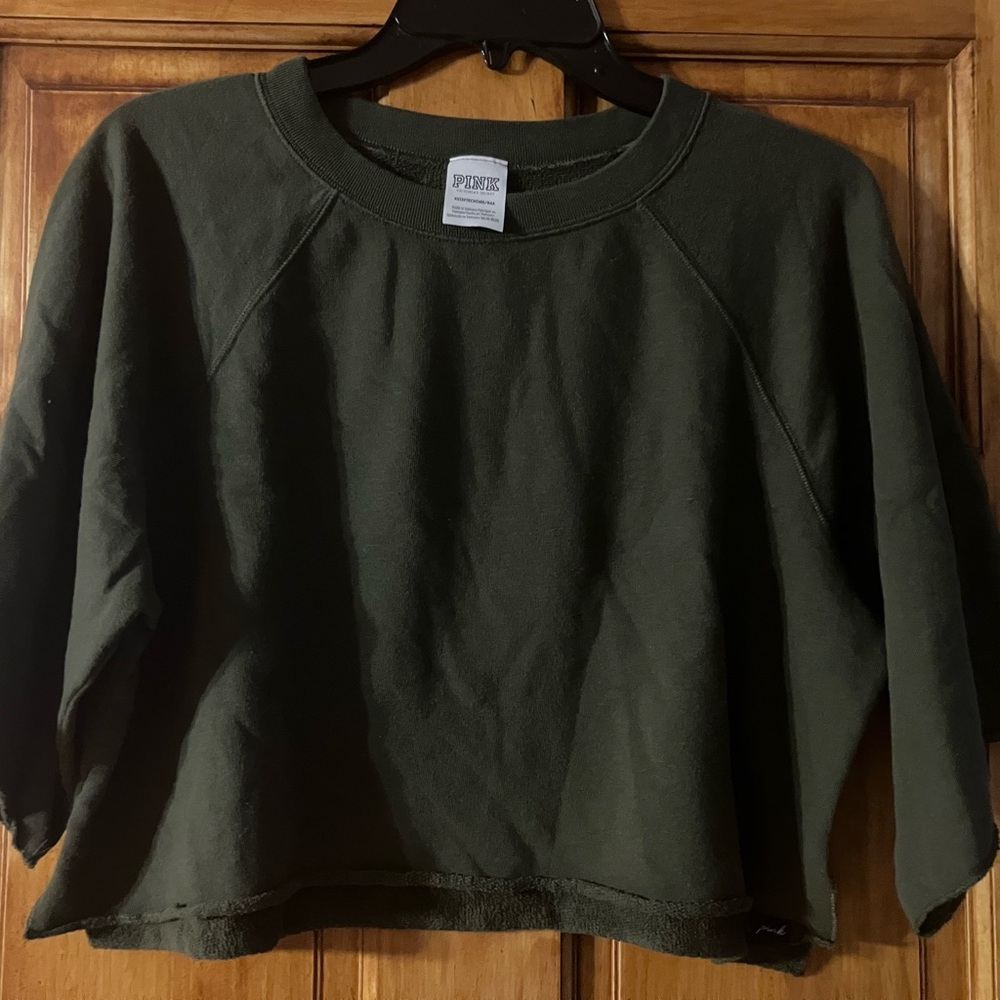 PINK Victoria's Secret Dark Green Cropped Oversized Raw Edge Sweatshirt